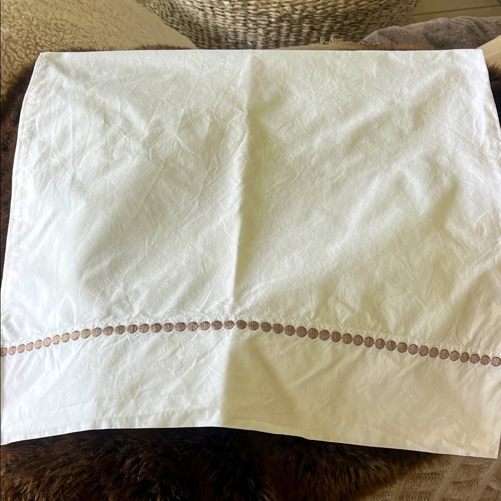 Pottery Barn 100% organic cotton king pillowcase white w/brown embroidered trim